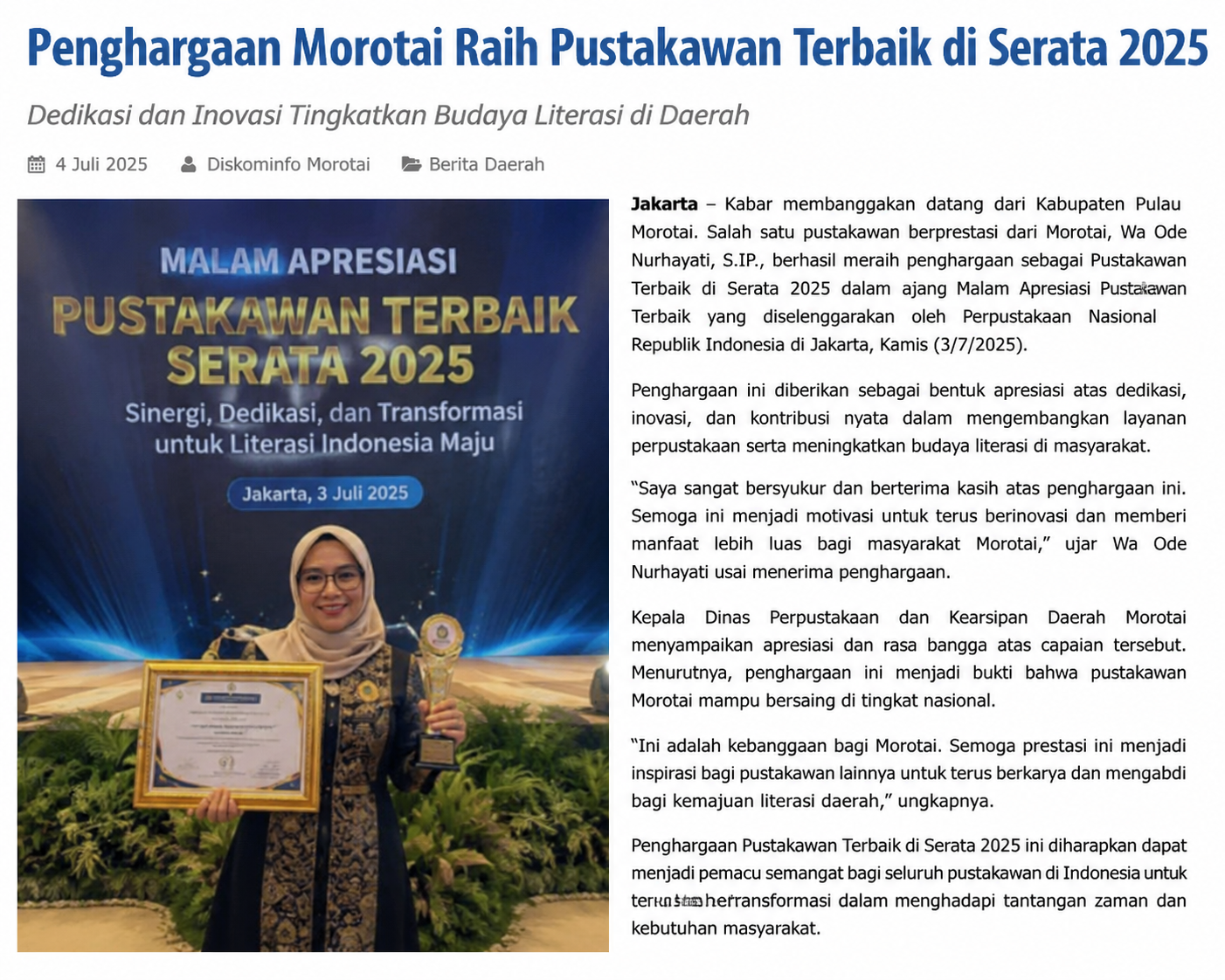 Penghargaan Membanggakan, Pustakawan Kabupaten Pulau Morotai Raih Pustakawan Terbaik Nasional